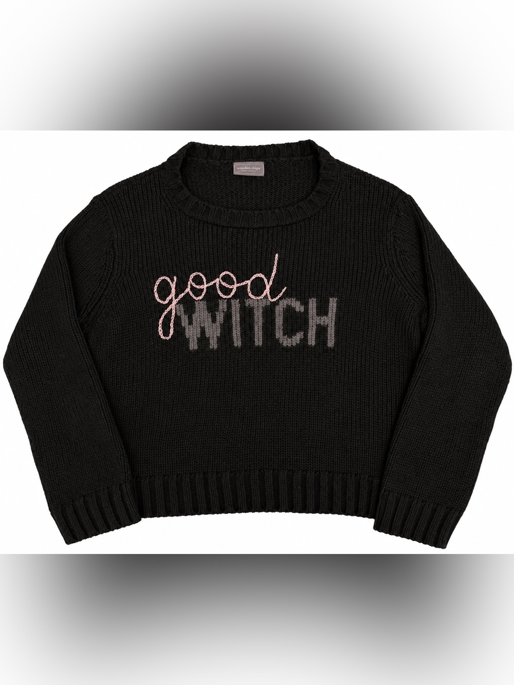 Good Witch Black Sweater Wooden Ship M/L Mohair Wool Acrylic Pink Gray Crew SOFT - Picture 2 of 7